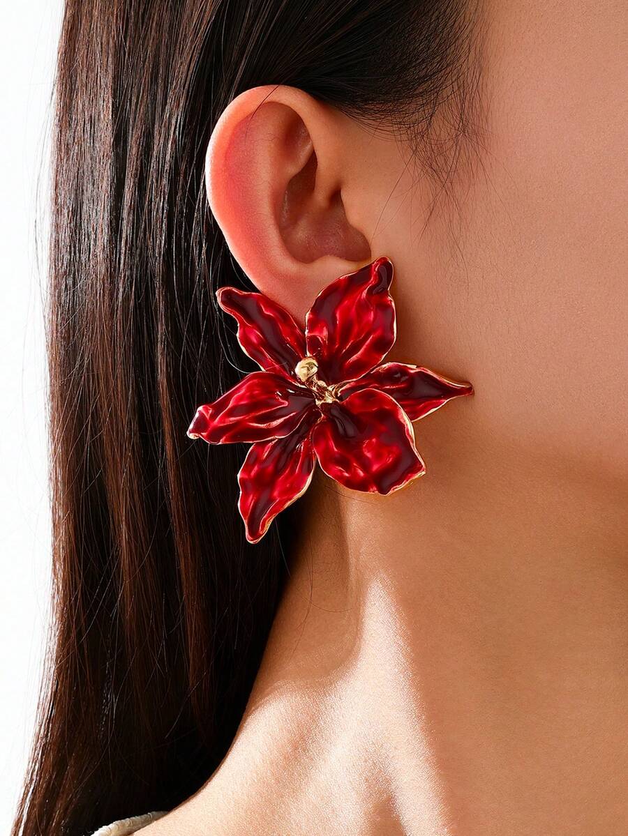 复古法式宫廷风花卉耳环（无礼盒） - 紅色 - 查看 1