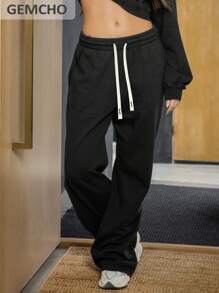 GEMCHO Wide Leg Casual Solid Color Adjustable Drawstring Waist Loose Fit Sports Pants With Side Pockets Daily
