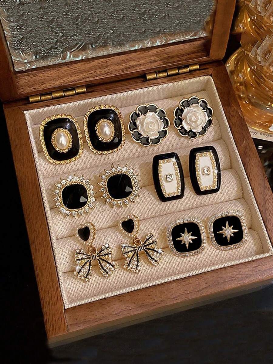 6pcs/Set Retro French Style Hexagram, Pearl, Heart Crystal, Bow Knot, Flower Stud Earrings, Fashionable & Minimalist Design, Suitable For Women Everyday And Holiday Wear