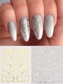 2/3/4/6 3D爱心锁指甲贴金银翅膀心形贴纸抽象涂鸦条纹指甲修剪，银色爱心锁抽象涂鸦全息心形指甲修剪包裹热印指甲贴纸DIY