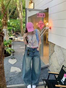 夏季美式扎染涂鸦印花圆领插肩袖女士T恤 - 淡紫色 - 查看 4