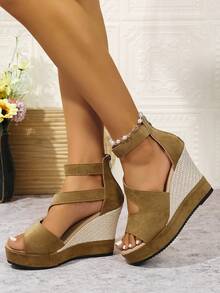 Women's Back Zipper Peep-Toe Roman Sandals, Thick Sole Elevated Gladiator Heeled Sandals, Sexy Platform Wedge High Heels - Khaki - View 1