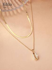Hihho 2pcs/Set Retro Waterdrop Micro-Inlaid Zirconia Pendant Necklace, Elegant Accessory And Gift For Women - Yellow Gold - View 2