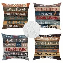 4pcs, Brown Blue Wood Text Outdoor Throw Pillow Covers Farmhouse Decorative Pillowcases One Sided Printing For Balcony Garden Patio Furniture Tent Swing Deep Seat Sofa Decor Without Pillow Inserts, Polyester, 16x16 18x18 20x20 Inches