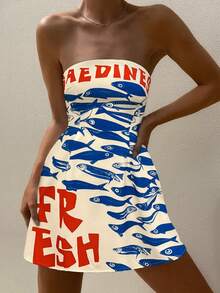 波西米亚风女装春夏时尚休闲优雅度假风撞色英文字母拉丁鱼印花露肩连衣裙 - 藍色 - 查看 2