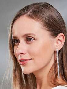 2pcs Bohemian Tassel Hanging Cubic Zirconia Crystal Long Dangle Clip-On Earrings, Simple & Elegant Tassel Chain Pendant Jewelry For Women, Bridesmaids, Wedding Party