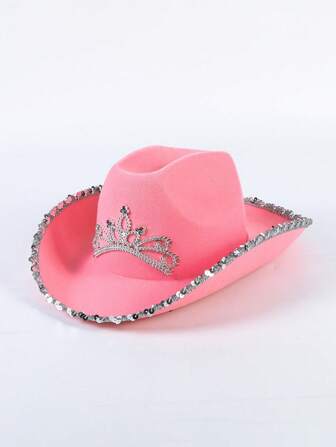 【水钻装饰】女士牛仔帽，涤纶材质，帽冠饰以水钻，人造银线设计，宽帽檐，抽绳束口，适合新娘、婚礼派对、节日和万圣节等场合。