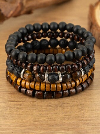 5 st/set flerskiktat armband med naturlig tigerögasten och träpärlor, lämpligt för herrbruk eller som present till högtiderna