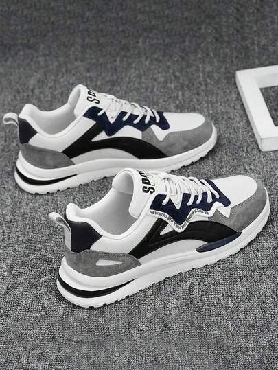 Los hombres de punta redonda de encaje hasta PU superior ligero transpirable choque de color zapatillas de deporte de fondo grueso, los hombres de tenis, Irregular choque de color de diseño, punta redonda de encaje hasta talón plano zapatos casuales boca poco profunda, Adecuado para el diario, el trabajo y el deporte de desgaste
