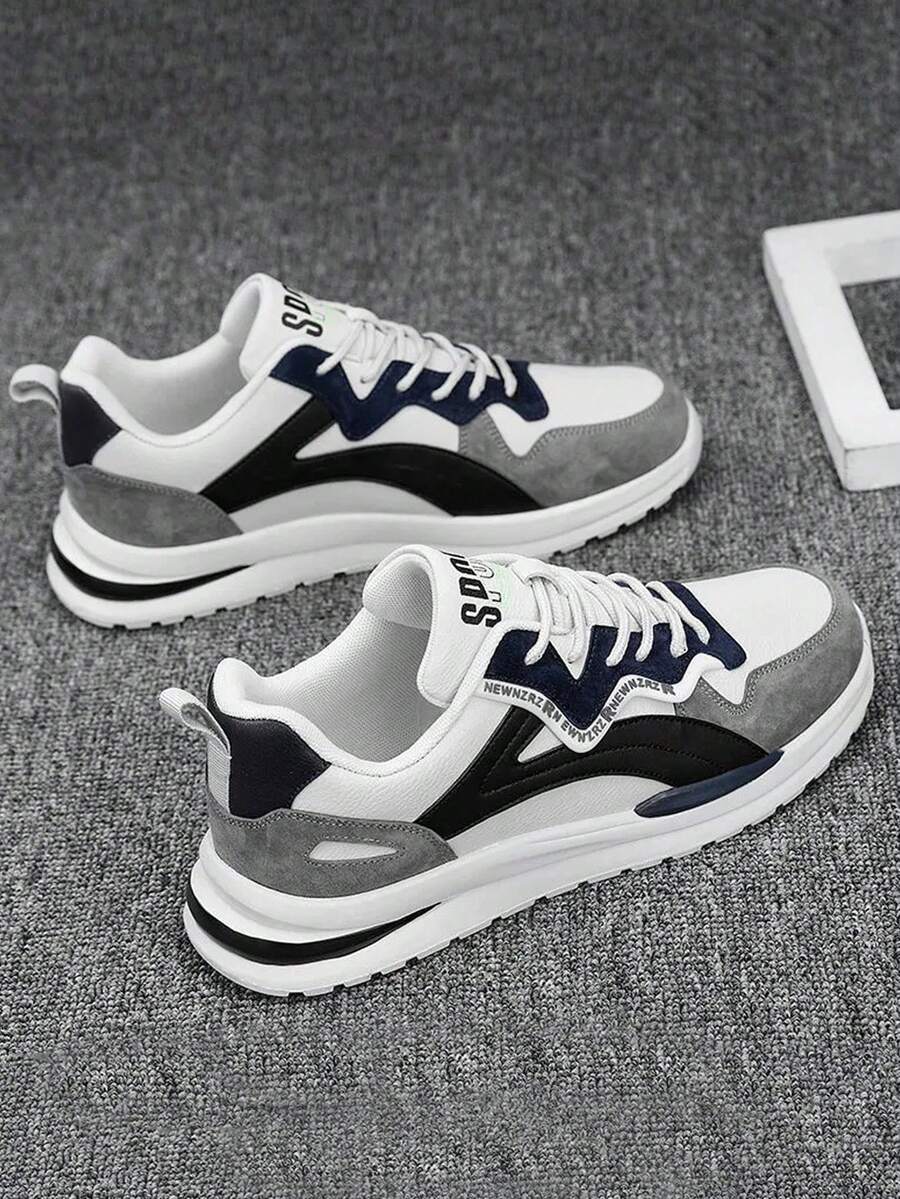 Los hombres de punta redonda de encaje hasta PU superior ligero transpirable choque de color zapatillas de deporte de fondo grueso, los hombres de tenis, Irregular choque de color de diseño, punta redonda de encaje hasta talón plano zapatos casuales boca poco profunda, Adecuado para el diario, el trabajo y el deporte de desgaste