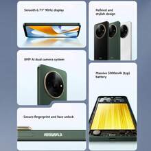 Xiaomi Mi POCO C61 Versión Global Smartphone con pantalla suave de 6.71" y 90Hz, diseño refinado y elegante, sistema de cámara dual IA de 8MP, batería masiva de 5000mAh (típica), desbloqueo  por huella dactilar y reconocimiento facial, procesador MediaTek Helio G36 de 12nm con 8 núcleos de hasta 2.2GHz, soporta almacenamiento ampliable, carga de 10W, Bluetooth 5.4, Android 14 y soporta Dual 4G