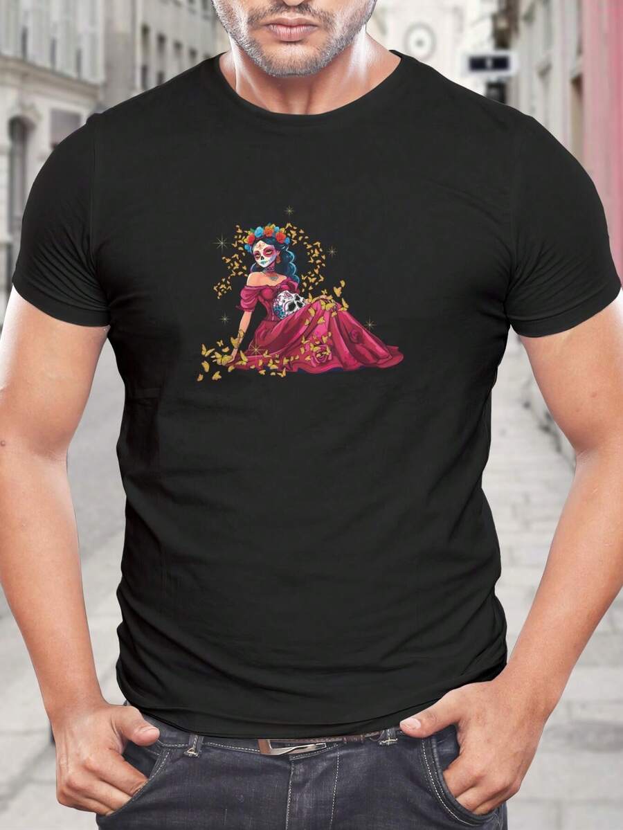 Camiseta de Calavera de Azúcar Catrina para el Día de Muertos - Camiseta gráfica mexicana - Regalo del Día de los Muertos para papá - Negro - Ver 1