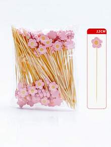 50/100Pcs Bamboo Pick Sweet Daisy Theme Flower Fruit Fork, Party Dessert Salad Stick Cocktail Skewer, Wooden Picks Wedding Birthday Party Supplies