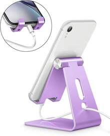 Soporte ajustable para teléfono celular, soporte de escritorio de aluminio C2 compatible con 15 14 13 Xs XR 8 Plus 6,, Pixel, teléfonos Android, negro - Morado - Ver 8