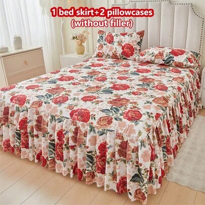 3件套亲肤柔软花卉印花床裙套装（1件床裙+2件枕套），吸湿排汗透气，抗皱，四季皆宜，印花优雅，时尚，适合卧室和酒店