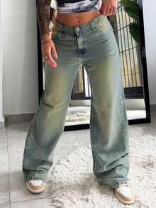 Women's Ombre Color Button Pocket Zipper Wide Leg Loose Fit Jeans - Light Wash - View 2