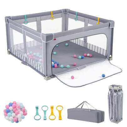 Babybox 150 x 150 cm, draagbare opvouwbare box met ademend gaas, 50 kleurrijke ballen, 4 handgrepen en draagtas, afgesloten speelruimte met ritspoorten voor kinderen binnen en buiten (grijs)