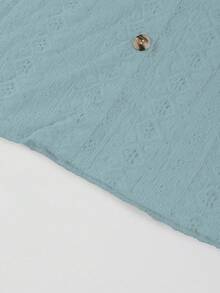 V-Neck Lace Patchwork Hollow Out Embroidery Front Button Spring/Summer Short Sleeve Top - Baby Blue - View 4