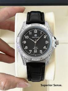 Pablo Raez 1pc Man Black Suit Business Watch Fashion Casual Wristwatch For Gentleman Stainless Steel Silver IPS Rhinestones Case Luxury Black Soft & Comfortable Microfiber Leather Fashionable Designer Male Arabic Scales Scales With Date 50M Waterproof Calendar - Silver - View 5