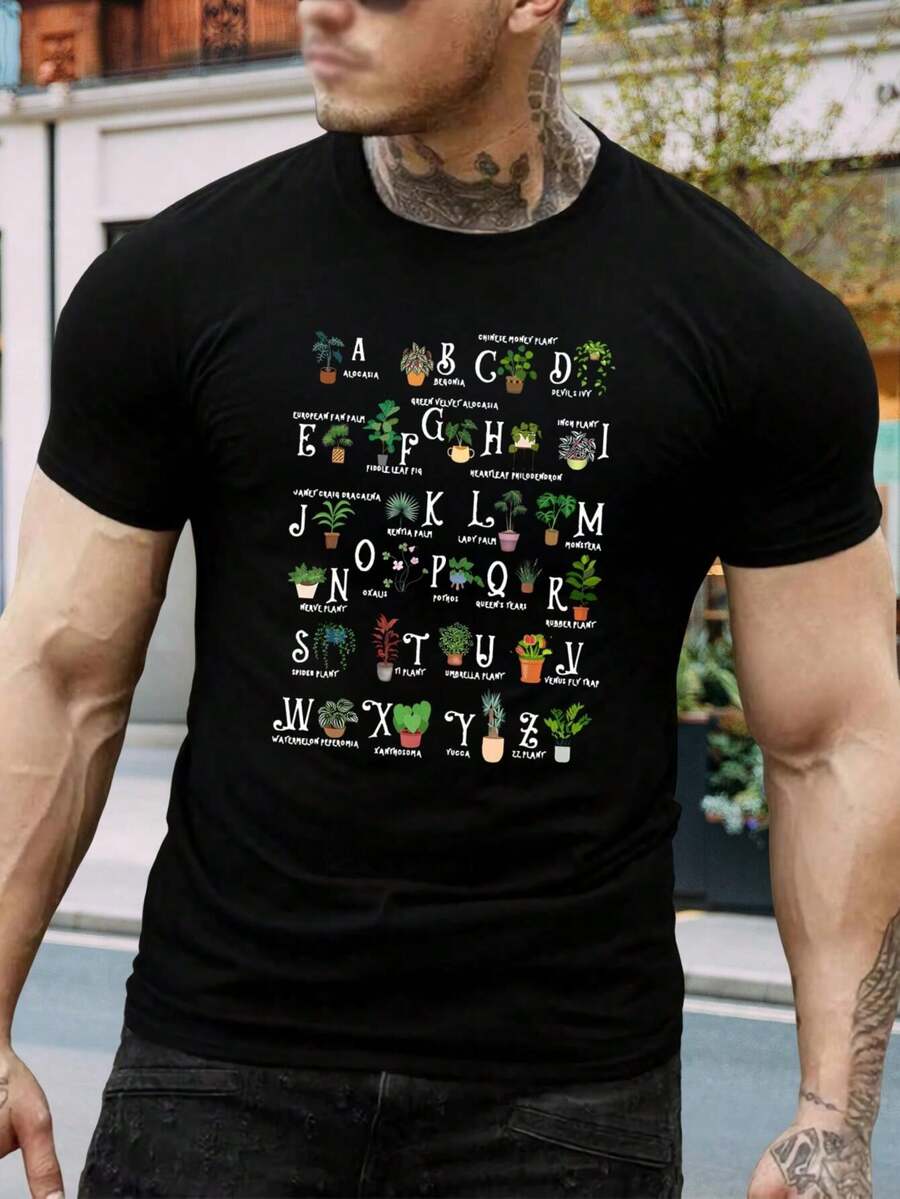 Camiseta de planta alfabeto para hombre - Divertida camiseta gráfica botánica de la A a la Z, regalo perfecto para amantes de las plantas, jardineros, camiseta informal y bonita de color negro, manga corta - Negro - Ver 1