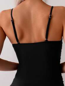 Bikini de un solo color con tirantes finos para mujer, de verano - Negro - Ver 6