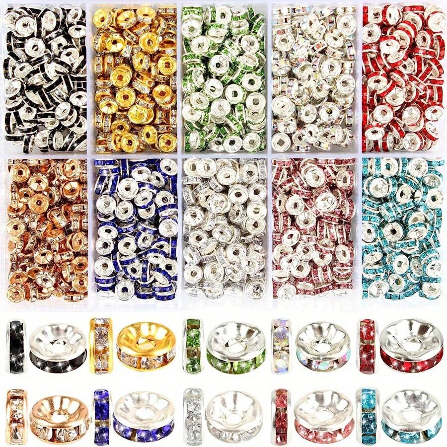 Set de 700 piezas de cuentas espaciadoras de 6 mm en 10 colores, cuentas de cristal, cuentas de strass, para hacer joyas DIY, colgantes de pulseras, manualidades y accesorios