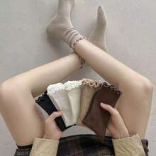 1/6 Pairs (Random Mix) Ladies Ruffled Trim Socks, Fashionable Korean Style Cute Casual Mid-Calf Socks Suitable For Autumn/Winter Outfits