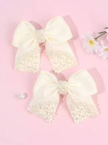 2PCS Fashion Trailing Rose Decorated Bow Girl Hair Clip, Pearl Decorated Solid Color Hairpin Is The Perfect Choice For Giving Children Birthday Gifts
