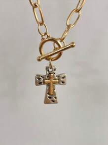 1PC Retro Boho Cross Pendant Necklace Chunky Statement Pendant Necklace For Women Unique Silvery Golden Chain Necklace Religious Christian Cross Daily Party Jewelry Gift For Her