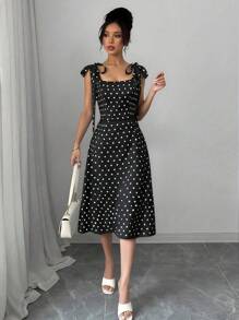 Abito midi da donna elegante e vintage, con scollo a pois e colletto, orlo arricciato, fiocco, in tessuto jacquard elegante e vintage, adatto per eventi all'aperto, uscite serali, giardino in estate