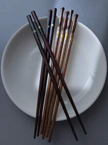 5pcs/Set Flower Patterned Wooden Chopsticks, Japanese Style Tableware For Home Dining,School Supplies