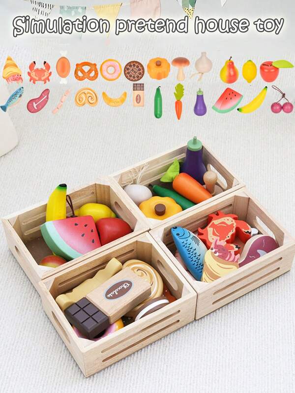 Kinderspielzeug für frühe Bildung, Simulationsküche mit Obst, Gemüse, Meeresfrüchten, Dessert, kognitives Holzrahmenspielzeug, Küchenspielzeug aus Holz, geeignet für Jungen und Mädchen