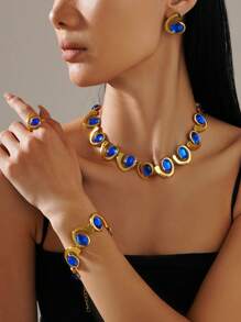 4Pcs Women Jewelry Set, Featuring Asymmetrical Spiral Shapes Embedded With Black Rhinestones, Classic Necklace, Bracelet, Earrings And Ring Combo. Versatile For Daily, Party And Occasion Wear. Suitable As Gift For Loved Ones And Friends.