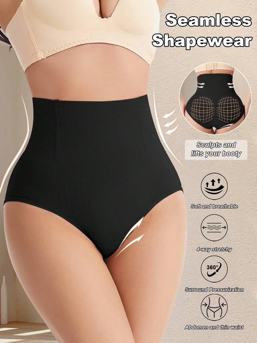 高腰塑身内裤无缝收腹裤腰部训练瘦身紧身女士平腹提臀提臀三角裤女式塑身衣 - 黑色 - 查看 1