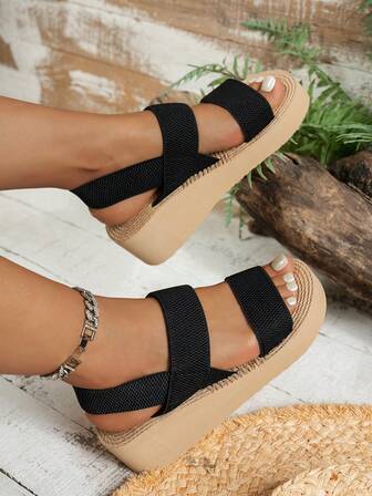 女士厚底高跟坡跟凉鞋夏季休闲时尚粗跟罗马凉鞋黑色简约室内家居圆头鞋适合学生和办公室职员，适合夏威夷海滩