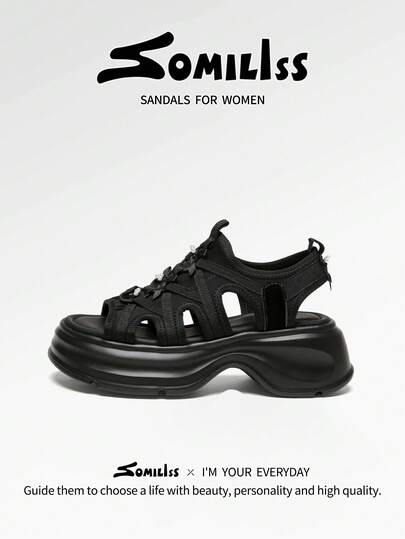 somiliss 1 双女士休闲运动夏季凉鞋，6 厘米厚底，轻便柔软平底沙滩步行鞋，黑色