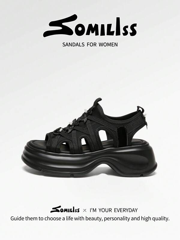 somiliss 1 pereche de sandale sport casual pentru femei, talpă groasă cu platformă de 6 cm, pantofi de plajă ușori și plați, negri