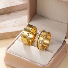 Bộ 2 chiếc/Bộ nhẫn cưới cho cặp đôi Nhẫn cưới Peplum đơn giản bằng thép không gỉ mạ vàng 18k Nhẫn cưới cô dâu Nhẫn cầu hôn đính kim cương Vương miện hồng Hộp đựng nhẫn cầu hôn Nhẫn cưới đơn giản cùng màu cho nam Nhẫn cầu hôn cho cặp đôi Nhẫn cặp đôi Nhẫn đeo hàng ngày cho cặp đôi - Vàng - Xem 4
