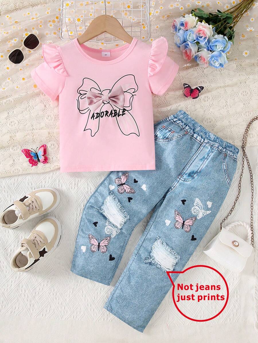 Conjunto de camiseta con estampado de lazo y pantalones con estampado de mezclilla sintética, estilo casual de moda para niña en verano