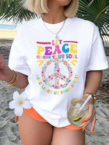 Camiseta con signo de paz bonito con flores, camiseta blanca con número para mujer con estilo hippie - Blanco - Ver 1