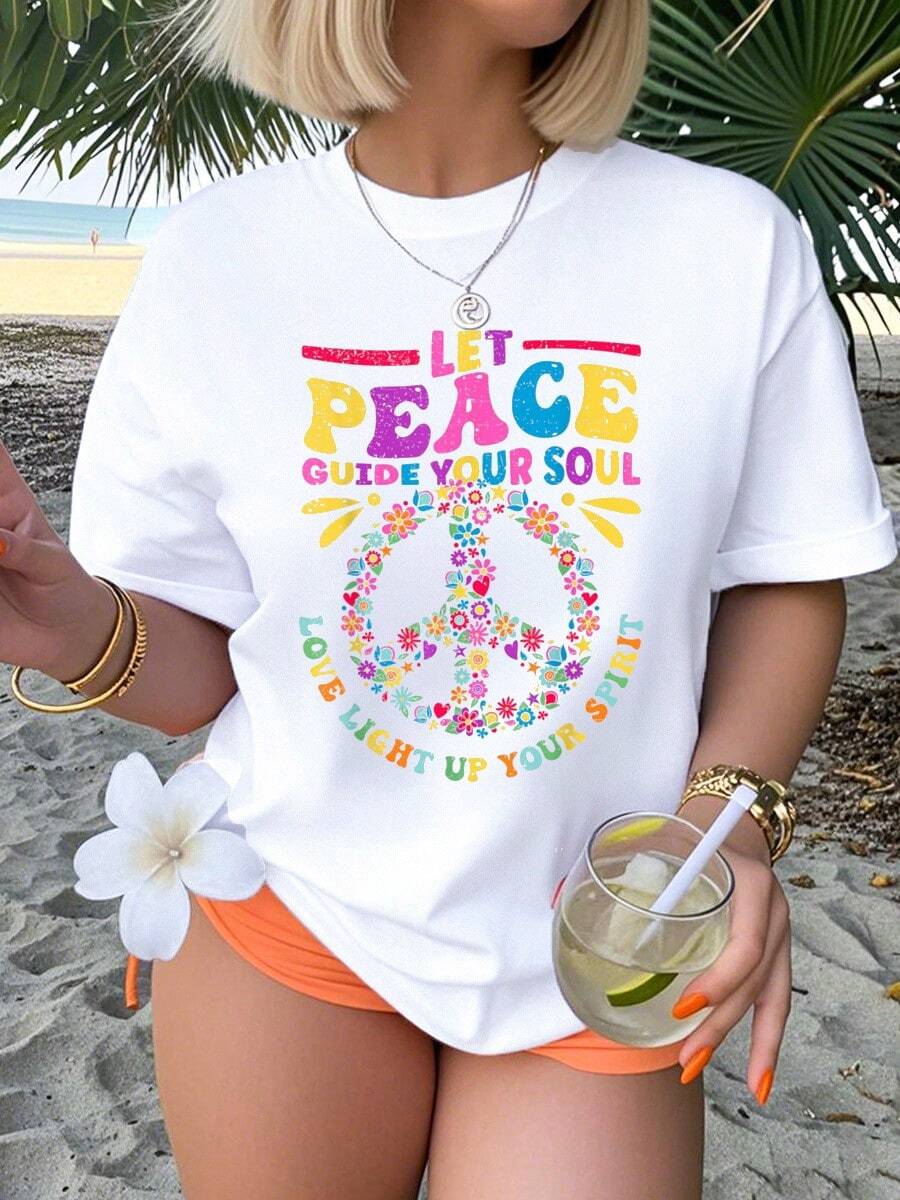 Camiseta con signo de paz bonito con flores, camiseta blanca con número para mujer con estilo hippie - Blanco - Ver 1