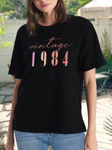Camiseta vintage para mujer - Camiseta de manga corta retro de los 80, regalo de cumpleaños, regalo de aniversario, camiseta gráfica de moda, camiseta informal - Negro - Ver 2