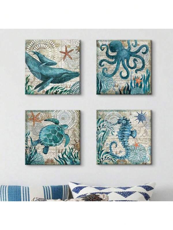 4pcs Bathroom Wall Art Beach Becor Ocean Sea Turtle Octopus Wood Hangings Coastal Room Decor Teal Bathroom Accessories Vintage Whale Seahorse Sea Modern Nautical Decor Bedroom Home Hangings Summer Home Decors Bedroom Decor Wall Decor