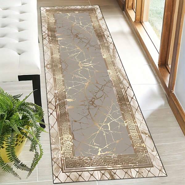 1pc Gold Grid Border Velvet Carpet, Decorative Carpet, Rug For Living Room, Kitchen Mat, Bedroom Carpet, Bathroom Mat