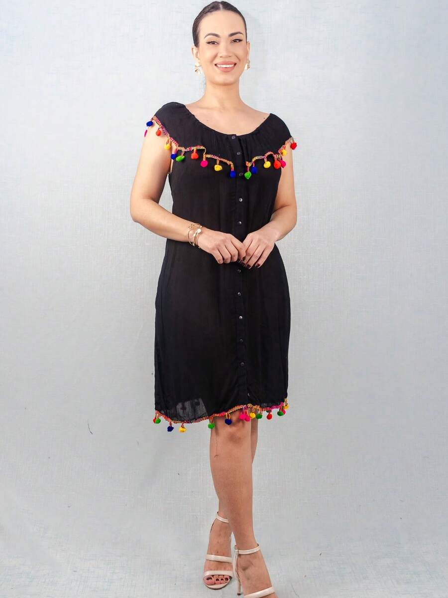 KIARA BRAZIL Short Viscose Dress With Pompom Button From Bust To Hem And Pocket Strapless Black #100416 - 黑色 - 查看 1