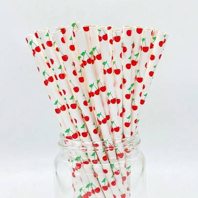 100 Cherry Pattern Paper Straws, Perfect For Various Parties Or Commercial Use, Size Is 6x197mm