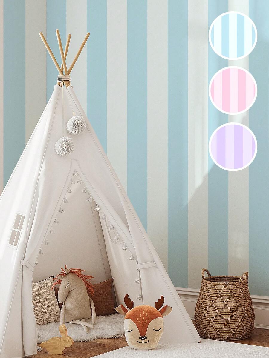 1 片波西米亚风格时尚蓝色、粉色、紫色条纹壁纸，易于安装，可拆卸，适用于儿童房、幼儿园装饰 - 彩色 - 查看 1