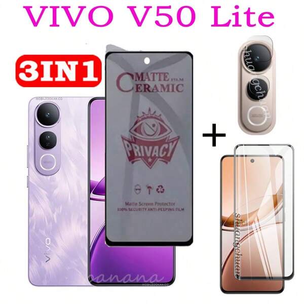 3-In-1 Anti-Peep Ceramic Soft Film, Black Edge Tempered Glass Screen Protector For Vivo V50Lite, Infinix Hot60i, Infinix Smart 10, Pova 7, Honor X6B, Honor X5B, Honor X8C, Redmi A5, Redmi A3, Infinix Note50pro, Infinix Note 50, Honor 400 Lite, Spark 40C, Infinix GT 30 Pro; Anti-Peep Ceramic Screen Protector Soft Film + Lens Film + Black Edge Tempered Glass Screen Protector For VIVO V40 Lite; Applicable Compatible With Huawei Series, OPPO Series