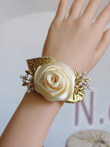2pcs/Set Elegant Ivory Rose Flower Brooch And Wrist Corsage Set, Suitable For Bride And Groom Wedding Decor, Formal Events, Parties,Summer,Beach,Festival,Party - Beige - View 6