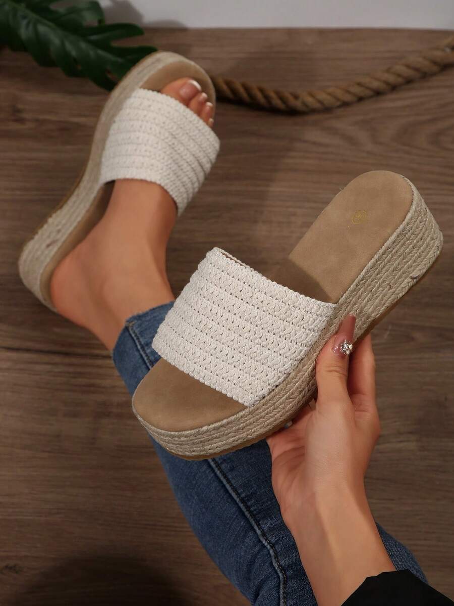 Sandal Wanita Kasual Anyaman Tali, Sandal Selop Terbuka Nyaman dan Serbaguna untuk Liburan Pantai di Luar Ruangan, Pakaian Musim Semi dan Musim Panas - Krem - View 1
